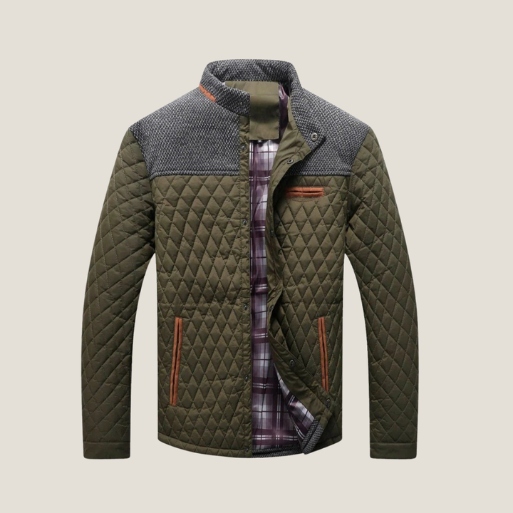 Men’s Quilted Jacket – Snap Button Front Casual Coat with Stand Collar and Contrast Panels