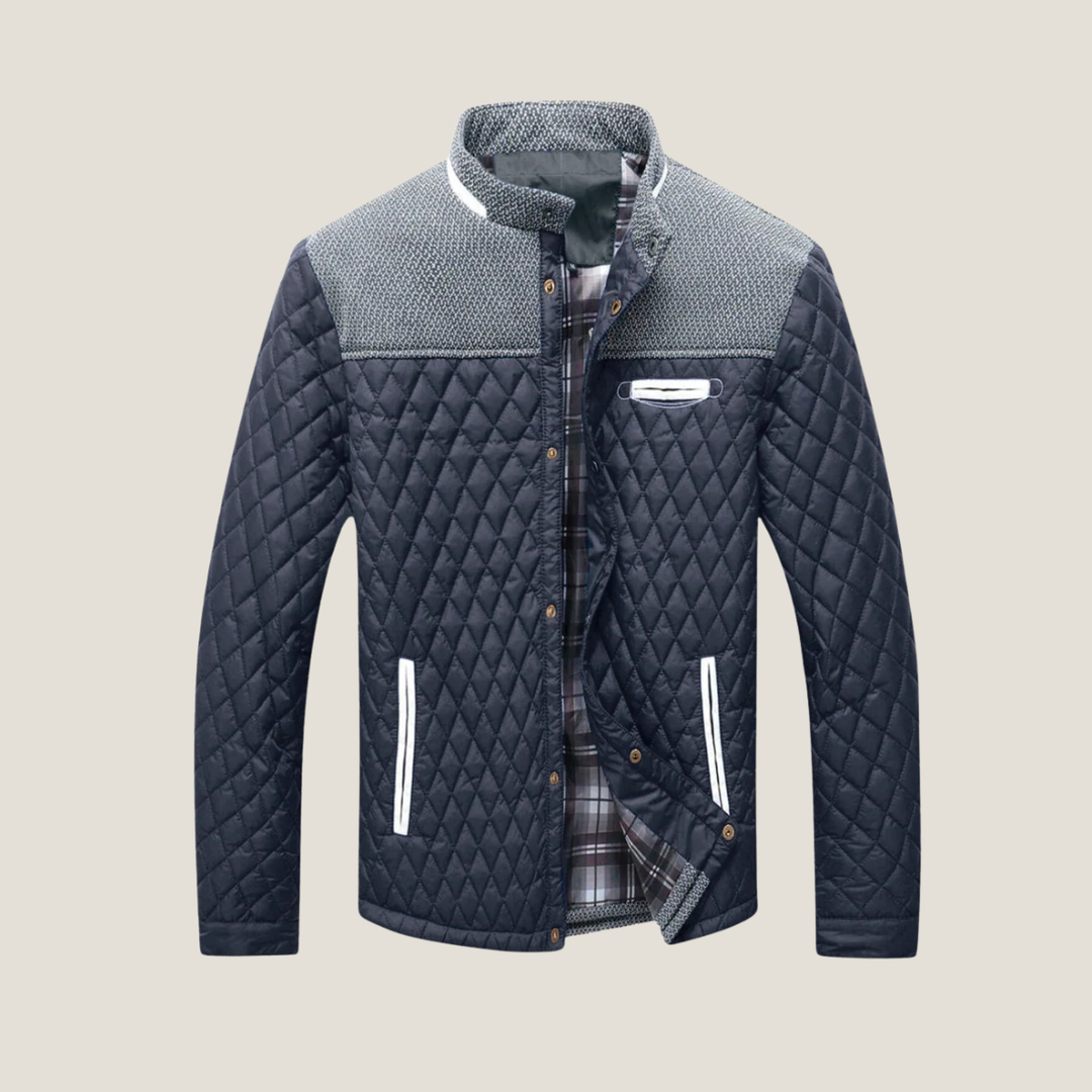 Men’s Quilted Jacket – Snap Button Front Casual Coat with Stand Collar and Contrast Panels