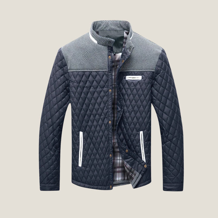Men’s Quilted Jacket – Snap Button Front Casual Coat with Stand Collar and Contrast Panels