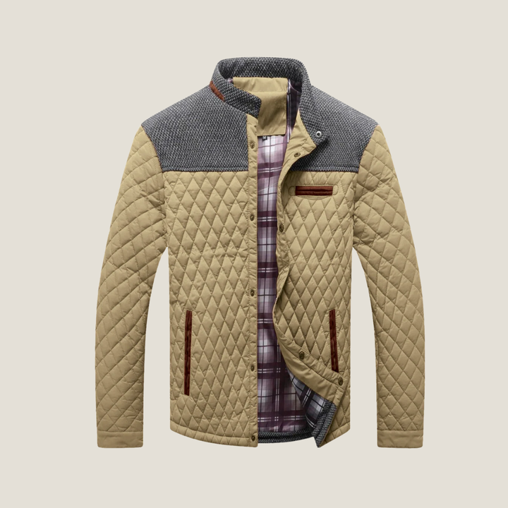 Men’s Quilted Jacket – Snap Button Front Casual Coat with Stand Collar and Contrast Panels