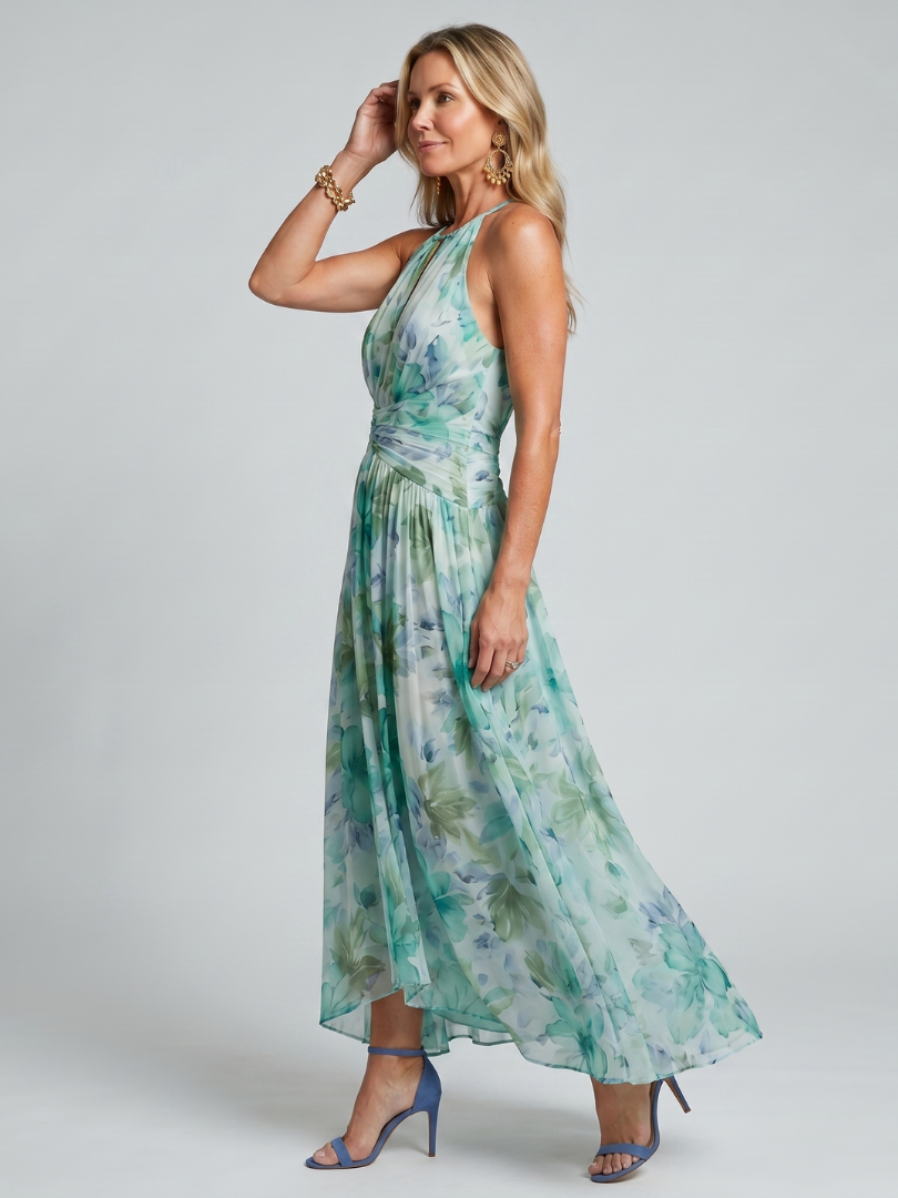 Portia | Floral Pleated Halter Midi Dress