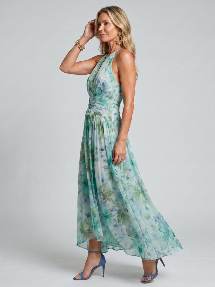Portia | Floral Pleated Halter Midi Dress