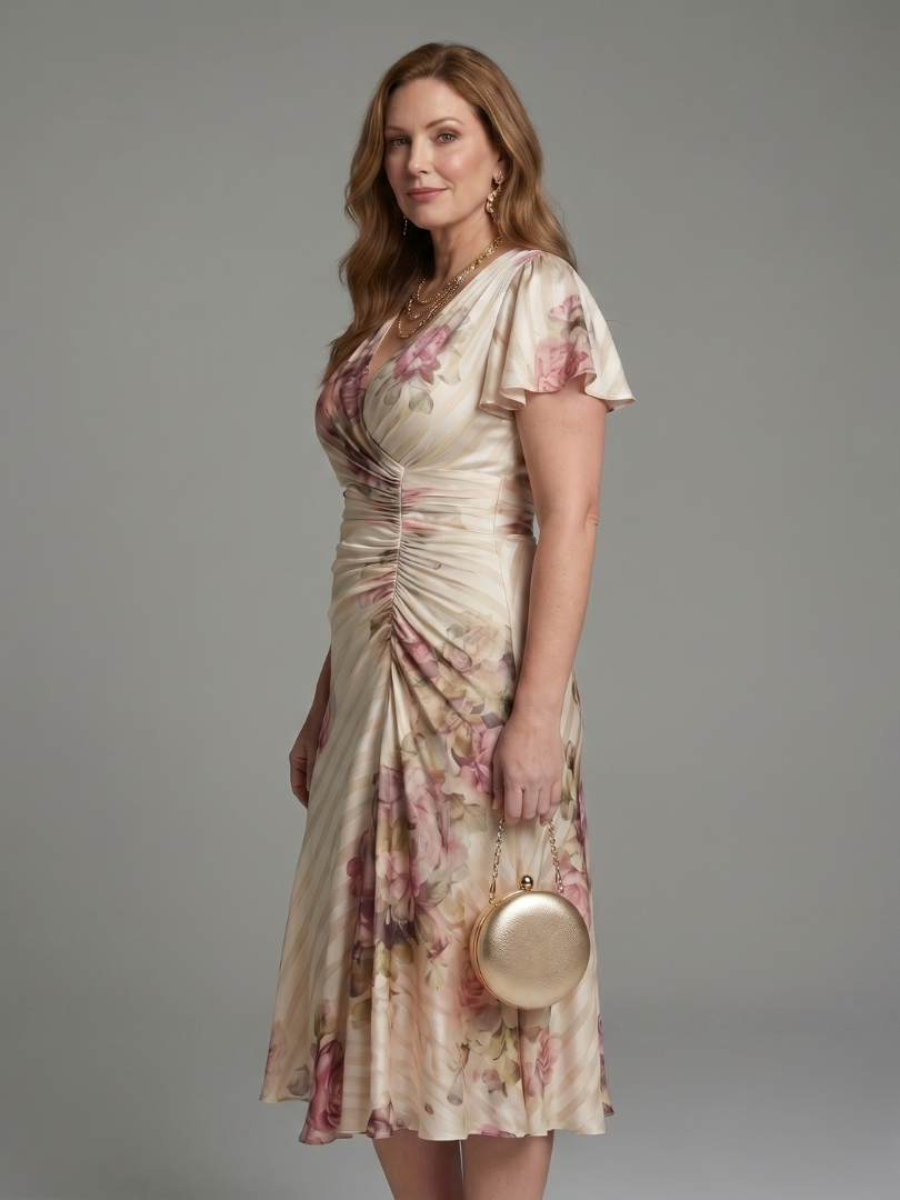 Katarina | Floral Stripe Midi Dress with Flutter Sleeves