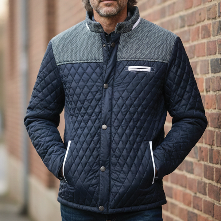 Men’s Quilted Jacket – Snap Button Front Casual Coat with Stand Collar and Contrast Panels