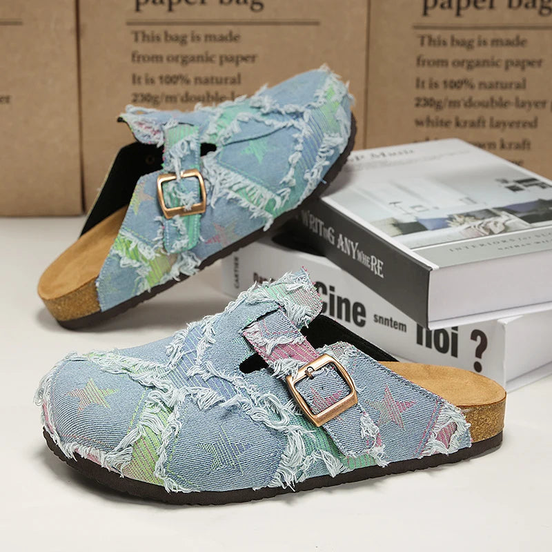 Cosmic Distressed Denim Mules