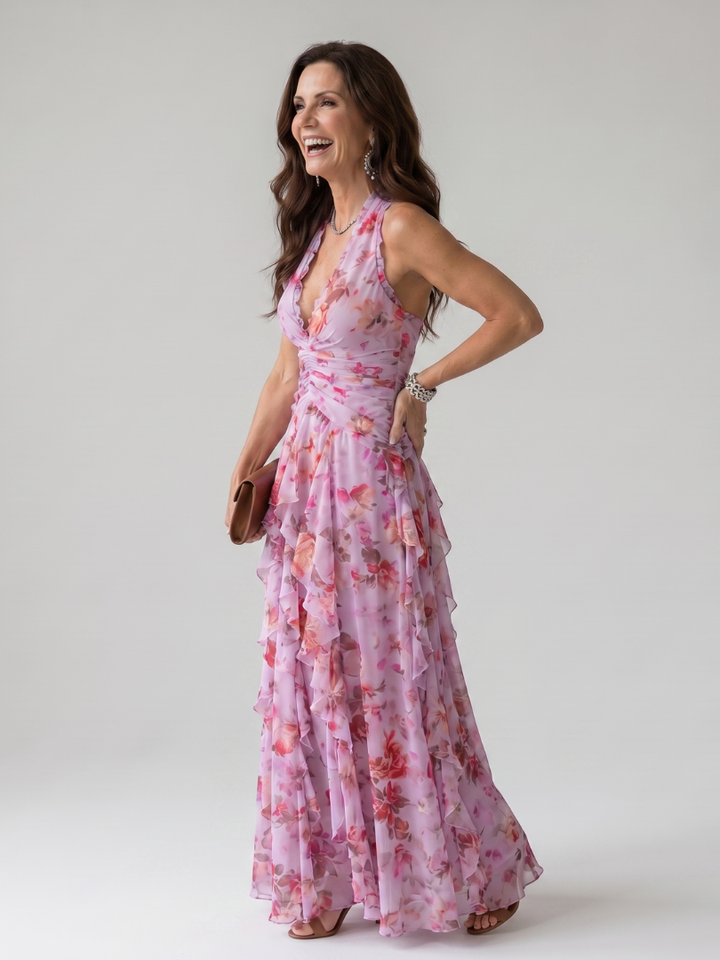 Nori | Floral Maxi Dress with Halter Neck and Ruched Bodice