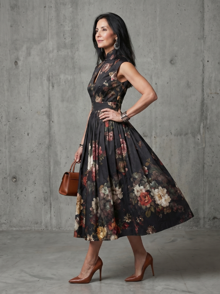 Greta | Floral Pleated Midi Dress with High Neck and Keyhole Detail