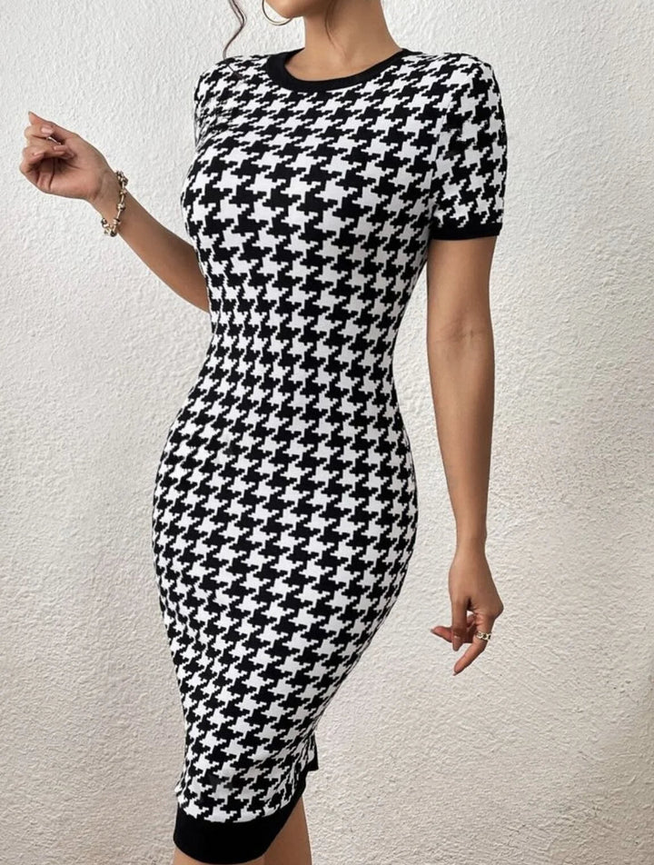 Monochrome Houndstooth Midi Dress