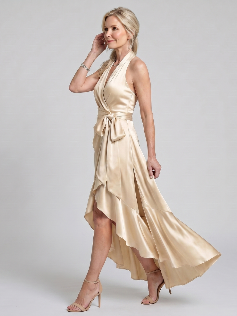 Honora | Asymmetric Hem Midi Dress with Halter Neck Wrap