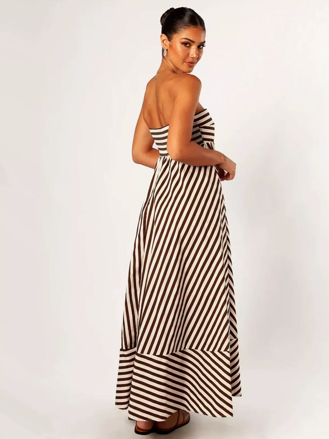 Women's Brown Strapless Maxi Dress - Stripe Print Full Skirt