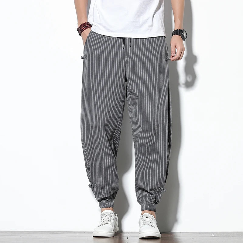 Men's Linen Stripe Harem Pants - Elasticated Waist - Cuffed Hem