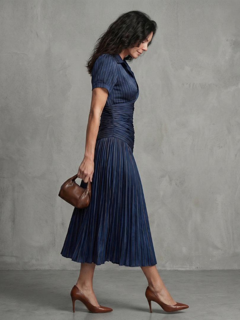 Theodora | Striped Midi Dress with Pleated Waistline