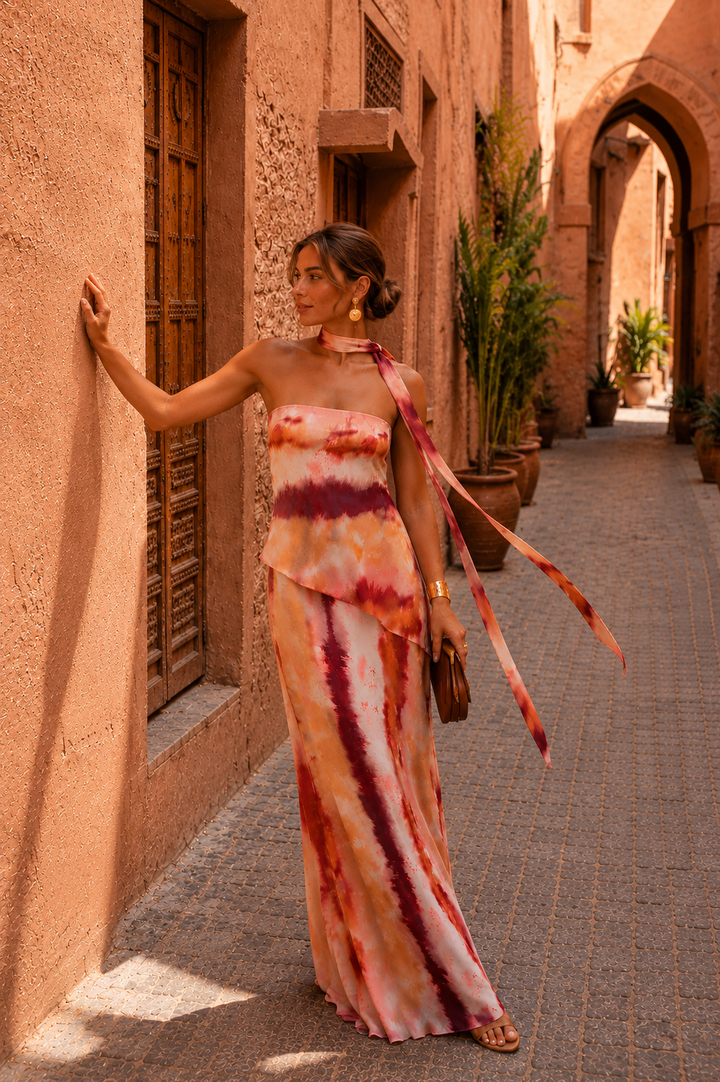 Strapless Neckline Long Printed Dress