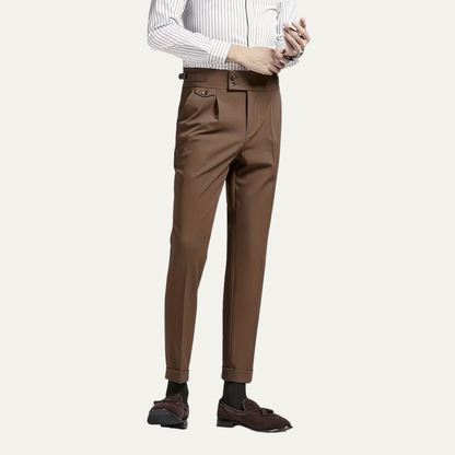 Men's Dress Pants - High Waist Slim Fit with Double Button - Pleated Front and Turn-Up Cuffs