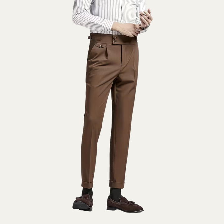 Men's Dress Pants - High Waist Slim Fit with Double Button - Pleated Front and Turn-Up Cuffs