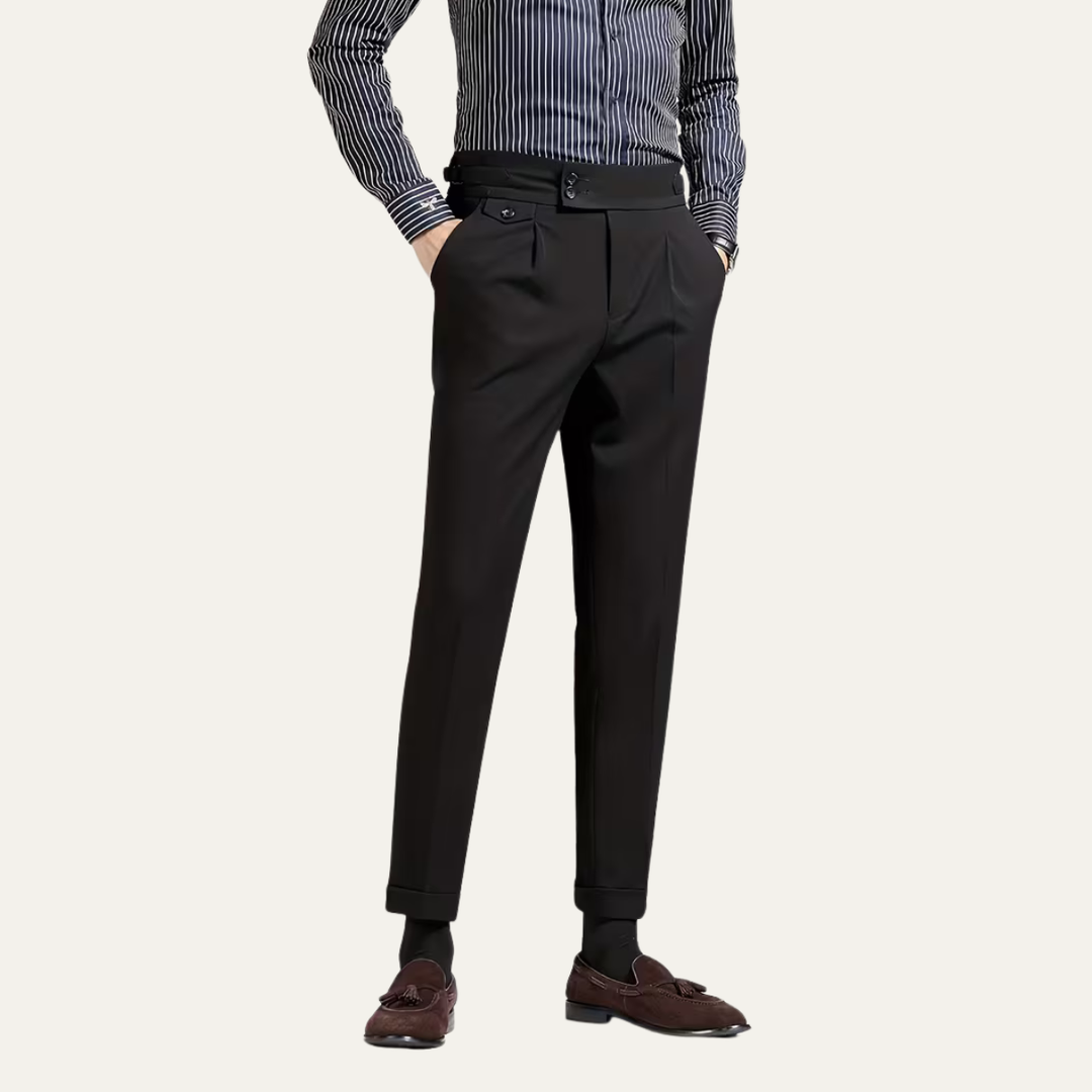 Men's Dress Pants - High Waist Slim Fit with Double Button - Pleated Front and Turn-Up Cuffs