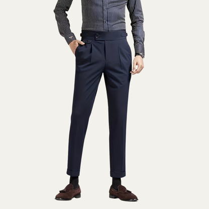 Men's Dress Pants - High Waist Slim Fit with Double Button - Pleated Front and Turn-Up Cuffs