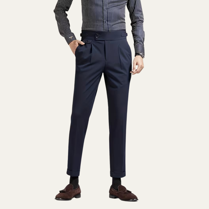 Men's Dress Pants - High Waist Slim Fit with Double Button - Pleated Front and Turn-Up Cuffs
