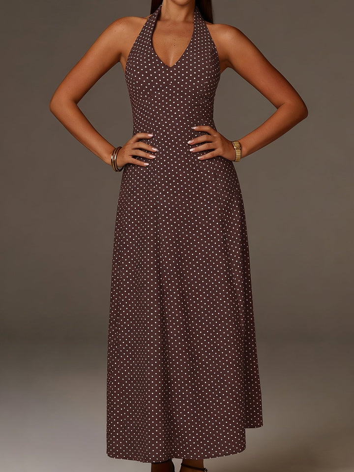 Women's Halter Neck Polka Dot Maxi Dress - Coffee Brown