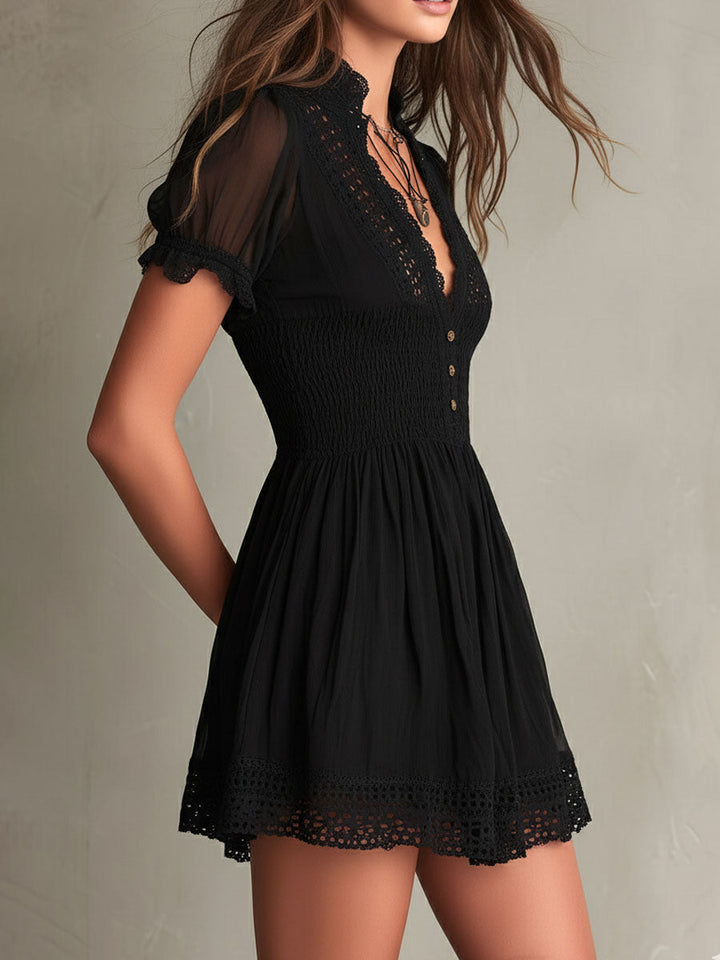 Timeless Muse Smocked Lace-Trim Black Mini Dress