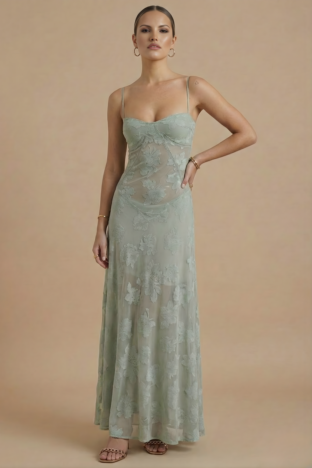 Women's Floral Jacquard Maxi Dress - Spaghetti Strap