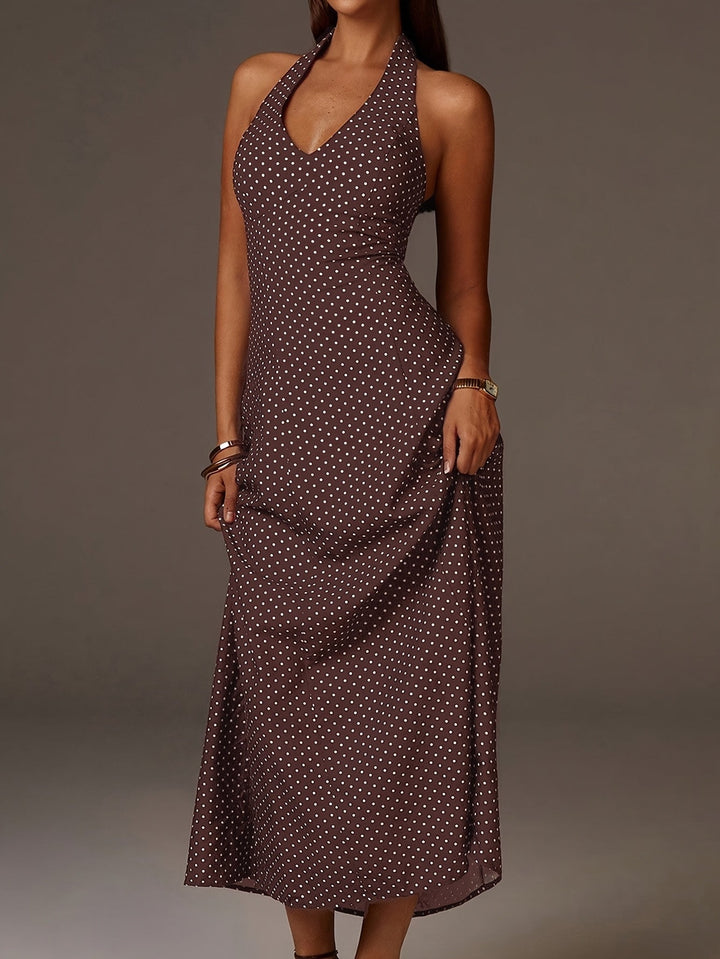 Women's Halter Neck Polka Dot Maxi Dress - Coffee Brown