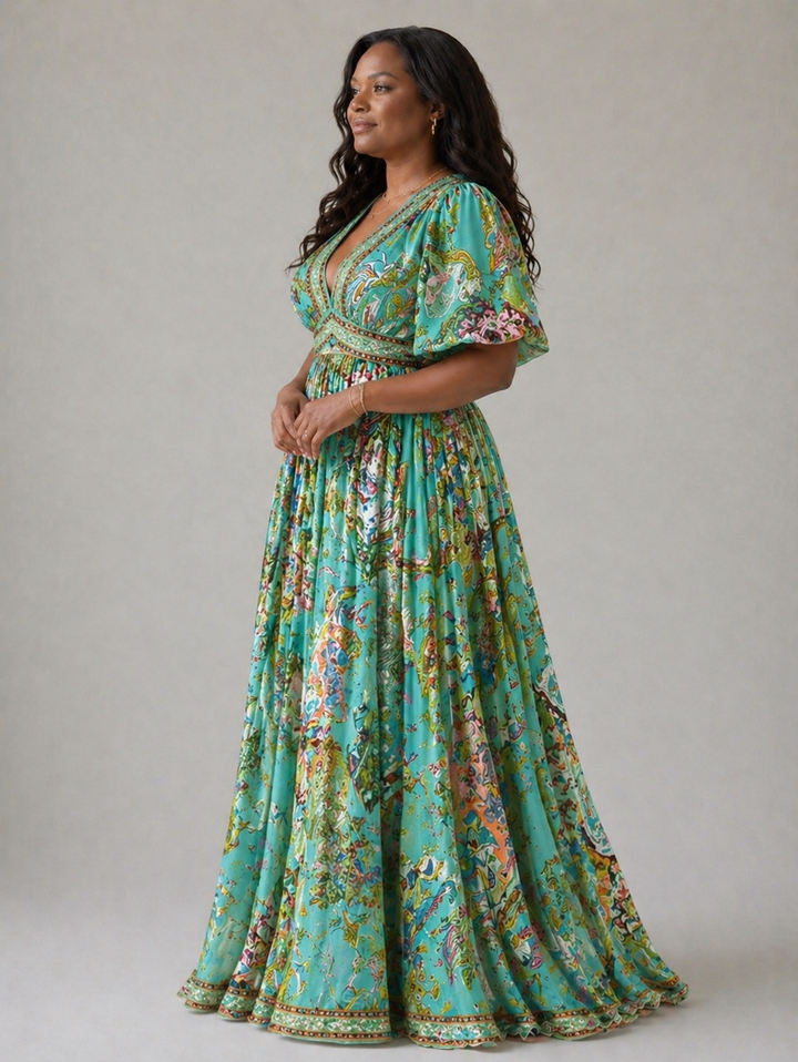 Stella & Grace™ | Flowing Maxi Dress with Puff Sleeves and V-Neck