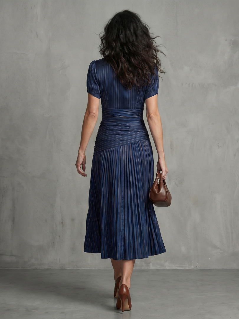 Bella | Striped Midi Dress with Pleated Waist
