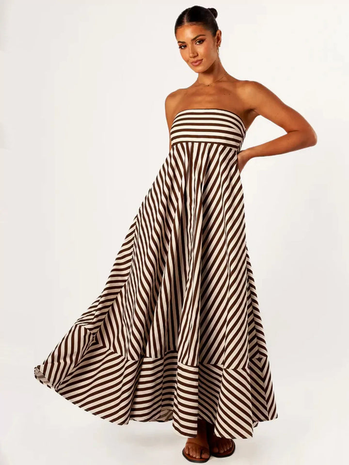 Women's Brown Strapless Maxi Dress - Stripe Print Full Skirt
