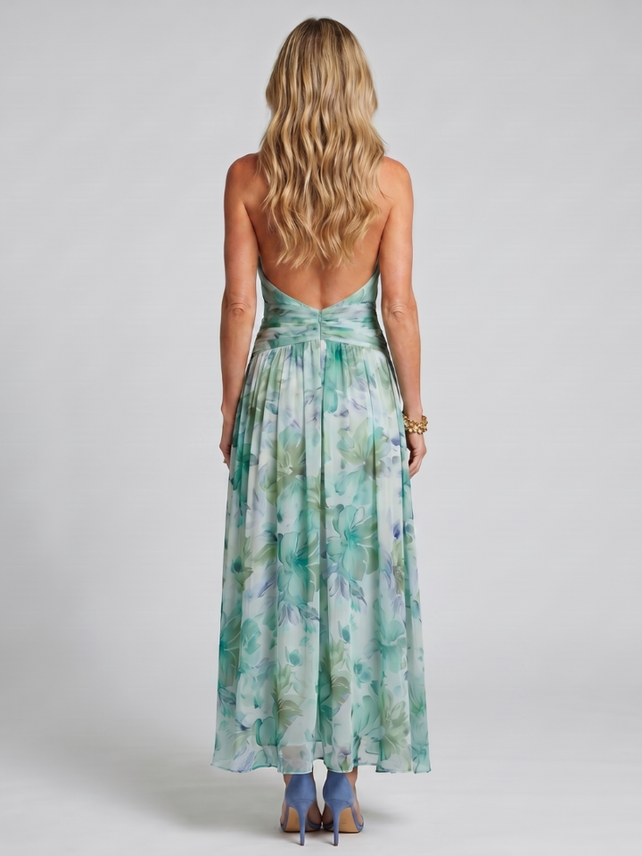 Portia | Floral Pleated Halter Midi Dress