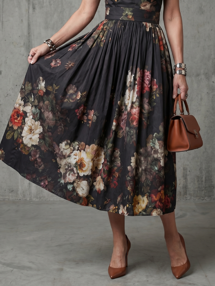 Greta | Floral Pleated Midi Dress with High Neck and Keyhole Detail