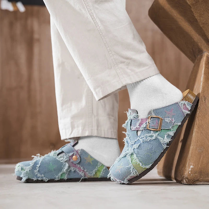 Cosmic Distressed Denim Mules