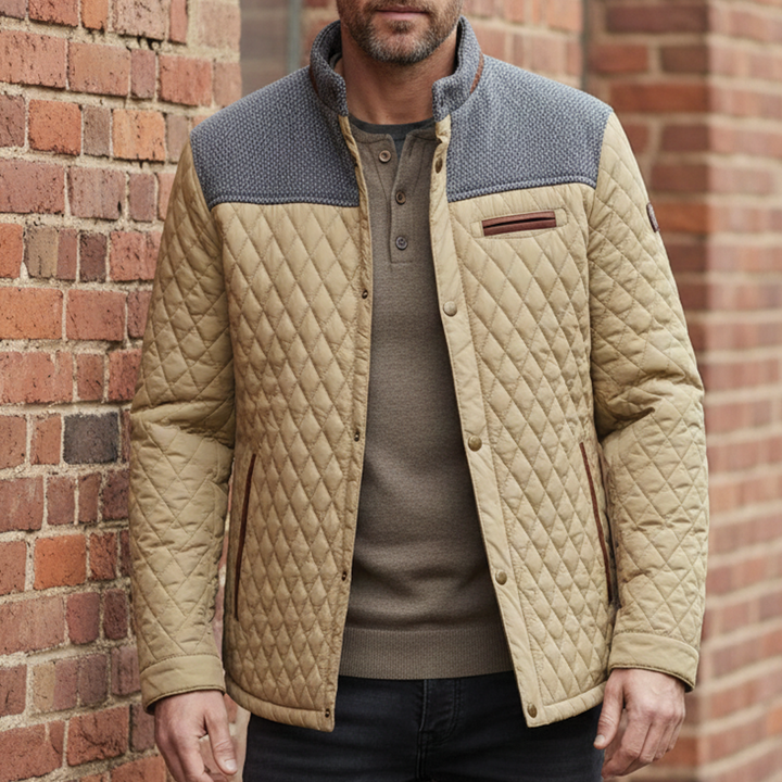Men’s Quilted Jacket – Snap Button Front Casual Coat with Stand Collar and Contrast Panels