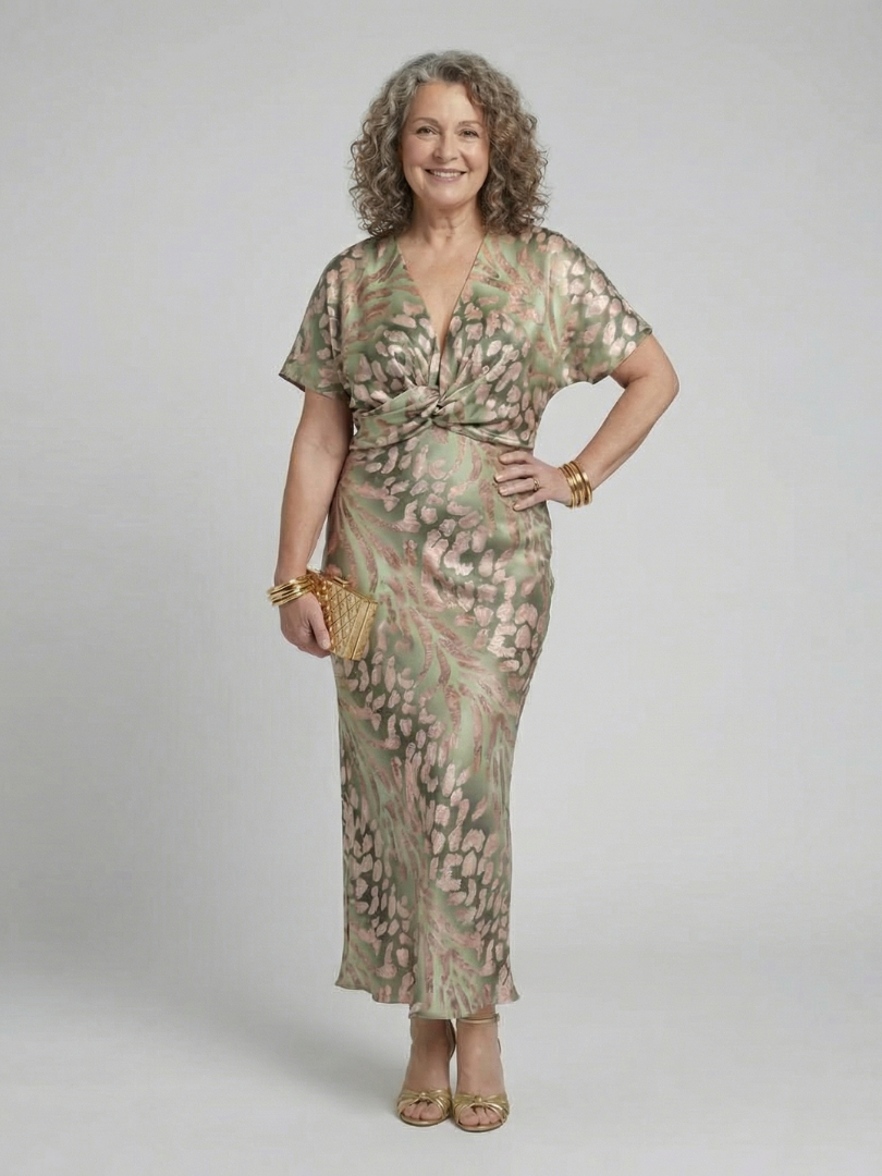 Stella & Grace™ | Abstract V-Neck Midi Dress with Twist Waist