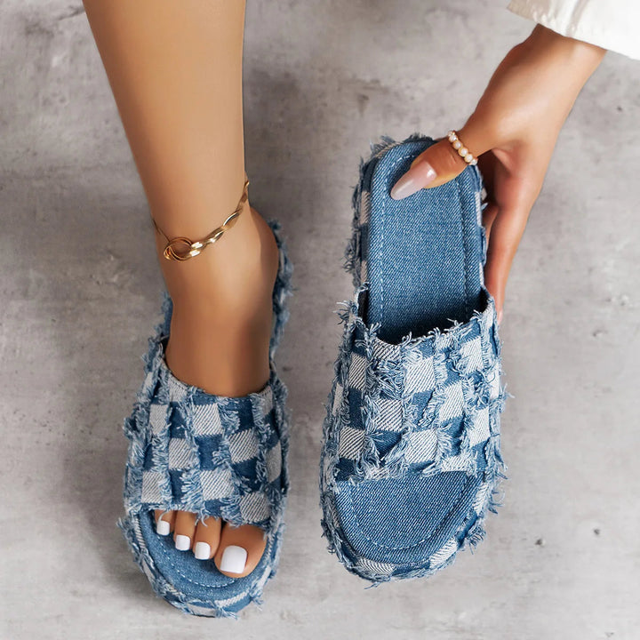 Check Denim Platform Sandal