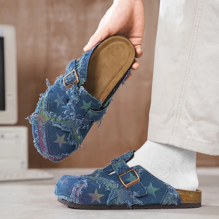 Cosmic Distressed Denim Mules