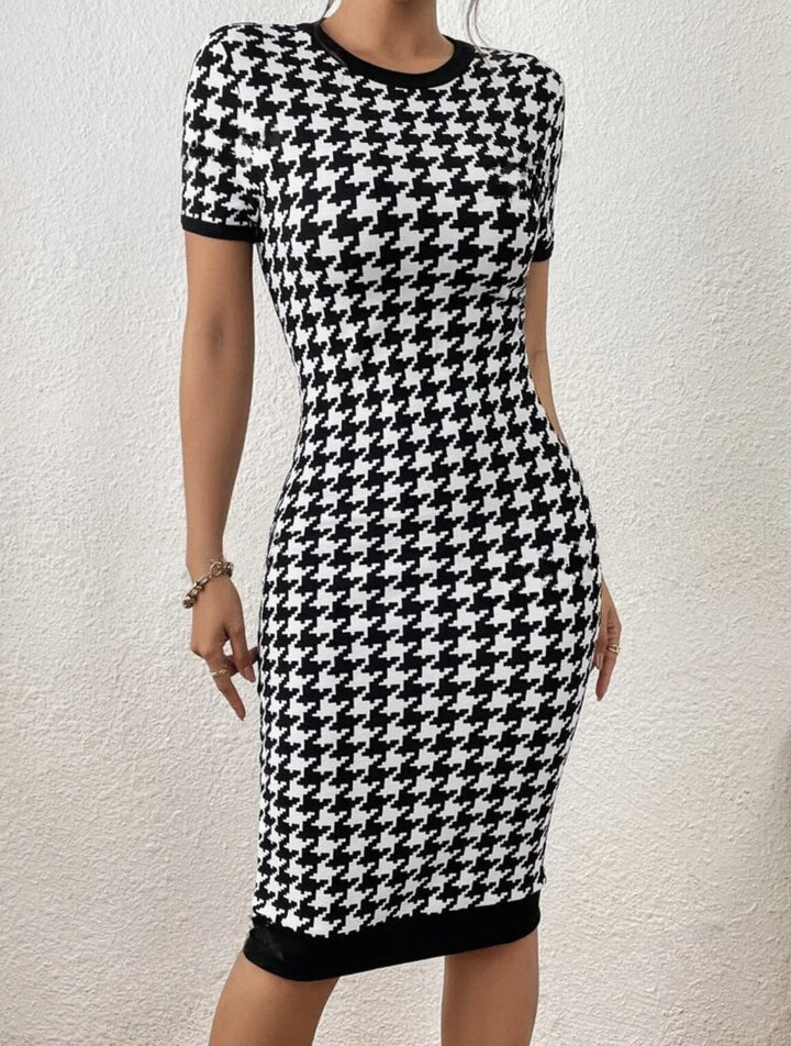 Monochrome Houndstooth Midi Dress