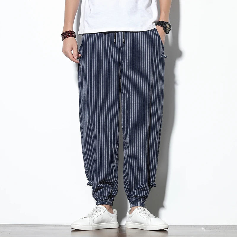 Men's Linen Stripe Harem Pants - Elasticated Waist - Cuffed Hem