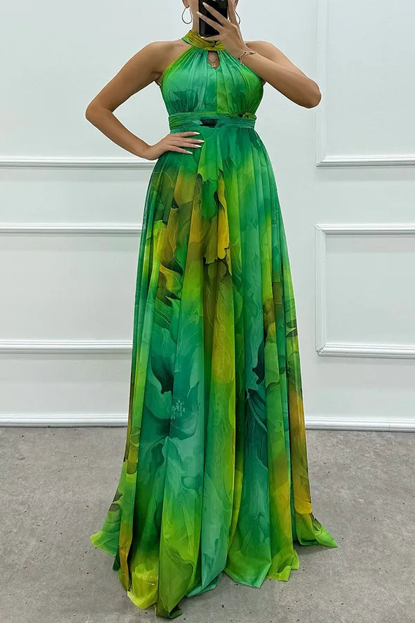 Women's Tulle Floral Print Cutout Halter Maxi Dress - Tie Neck