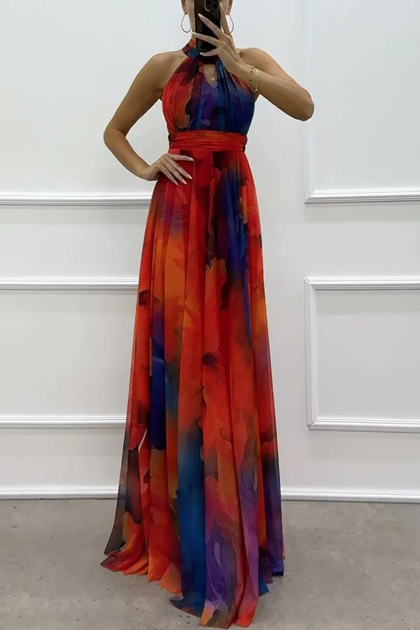 Women's Tulle Floral Print Cutout Halter Maxi Dress - Tie Neck