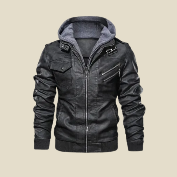 Men's Bomber Jacket - Hooded Biker Style with Multi-Zip Pocket Detail