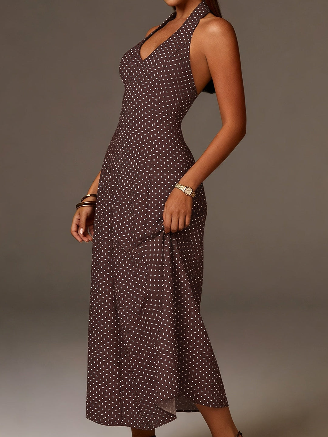 Women's Halter Neck Polka Dot Maxi Dress - Coffee Brown