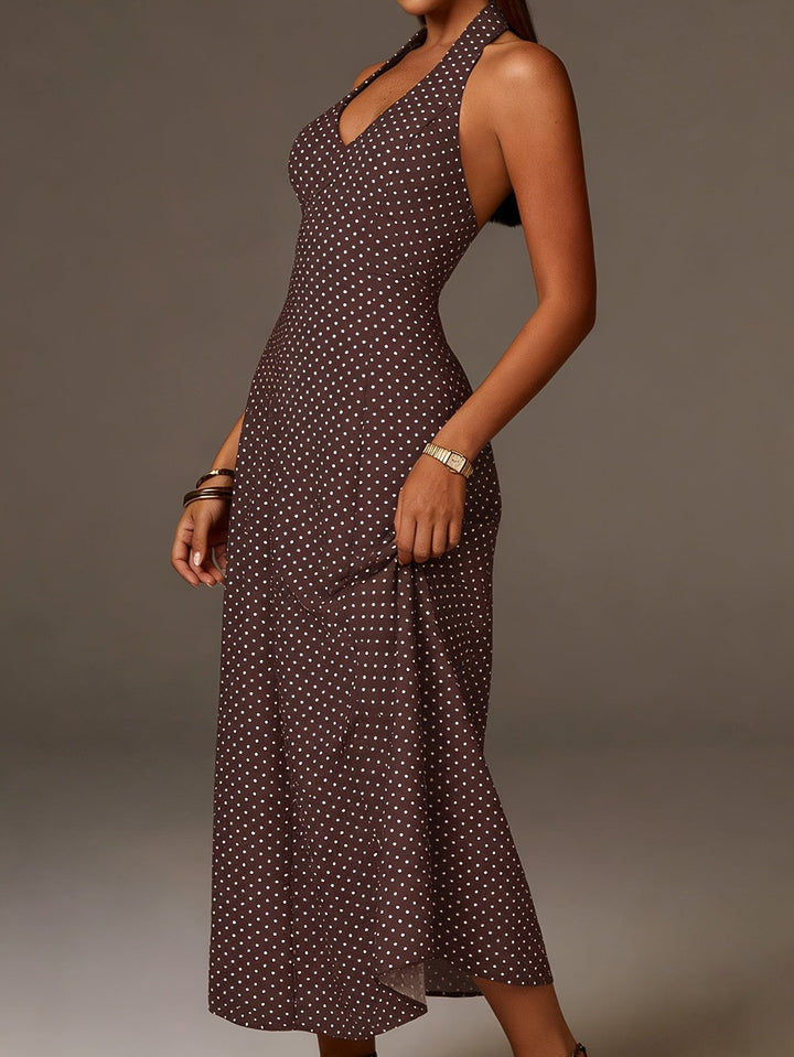 Women's Halter Neck Polka Dot Maxi Dress - Coffee Brown