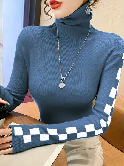 Check Sleeve High-Neck Sweater
