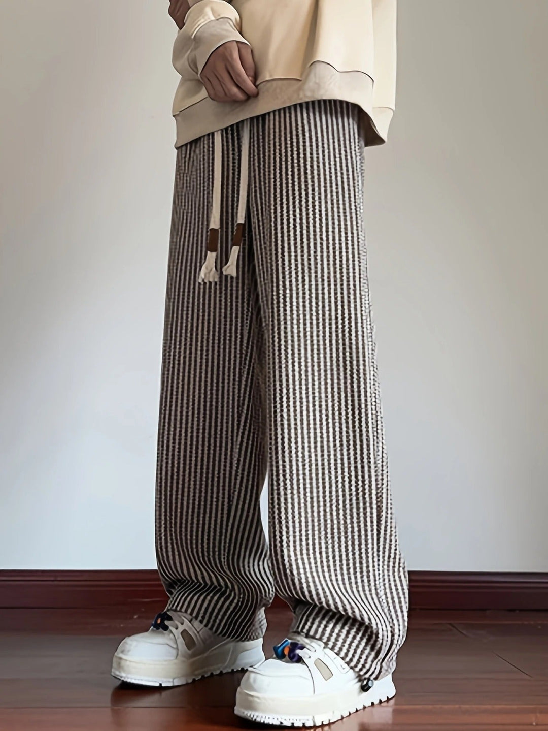 Men's Wide Leg Pants - Herringbone Pattern - Drawstring Waist