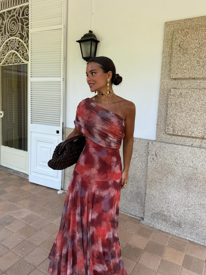 Flowy Watercolor Dress with Dropped Shoulders