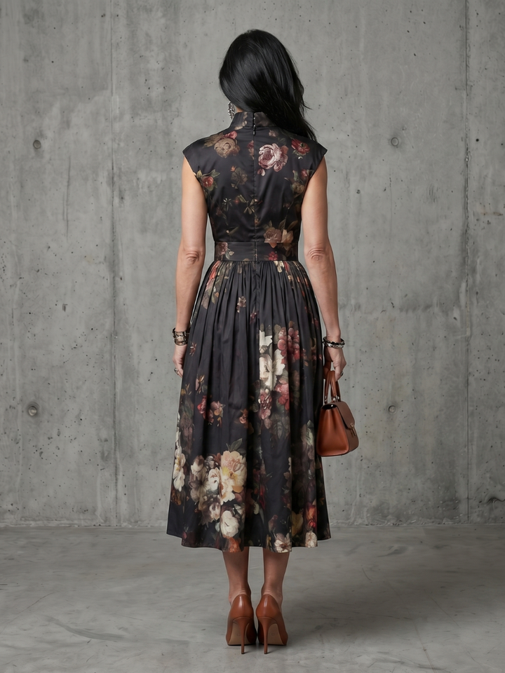 Greta | Floral Pleated Midi Dress with High Neck and Keyhole Detail