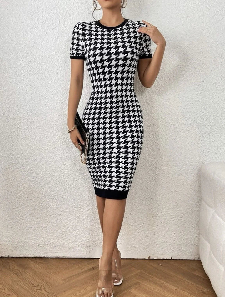 Monochrome Houndstooth Midi Dress