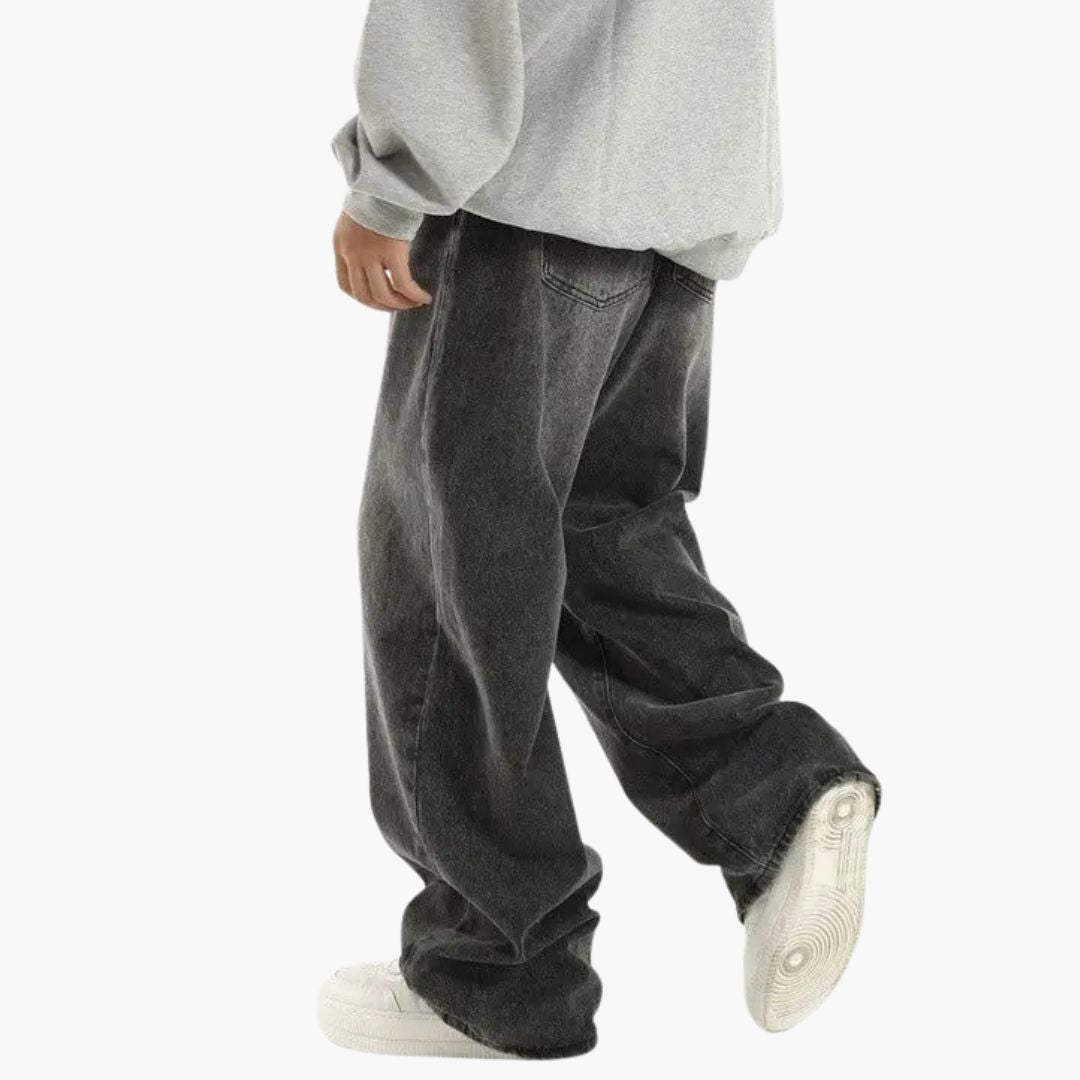 Men's Wide Leg Denim Pants - Baggy Fit with Elasticated Waist and Washed Finish