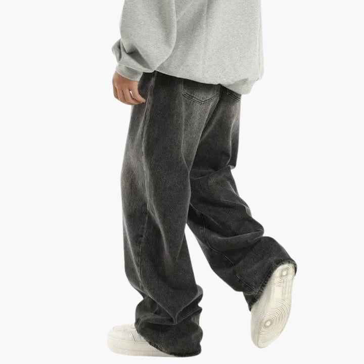 Men's Wide Leg Denim Pants - Baggy Fit with Elasticated Waist and Washed Finish